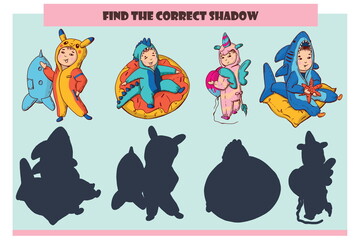 Find the correct shadow.Kids in kigurumi pajamas.Educational game for kids.