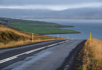 Highway road and mountain view during auto trip in Iceland. Spectacular Icelandic landscape with  scenic nature: fjords, fields, clouds, glaciers, waterfalls.