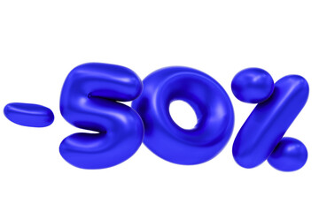 50 percent Off discount, minus fifty 3d funny cartoon sale symbol made of realistic helium blue balloon, 3d rendering