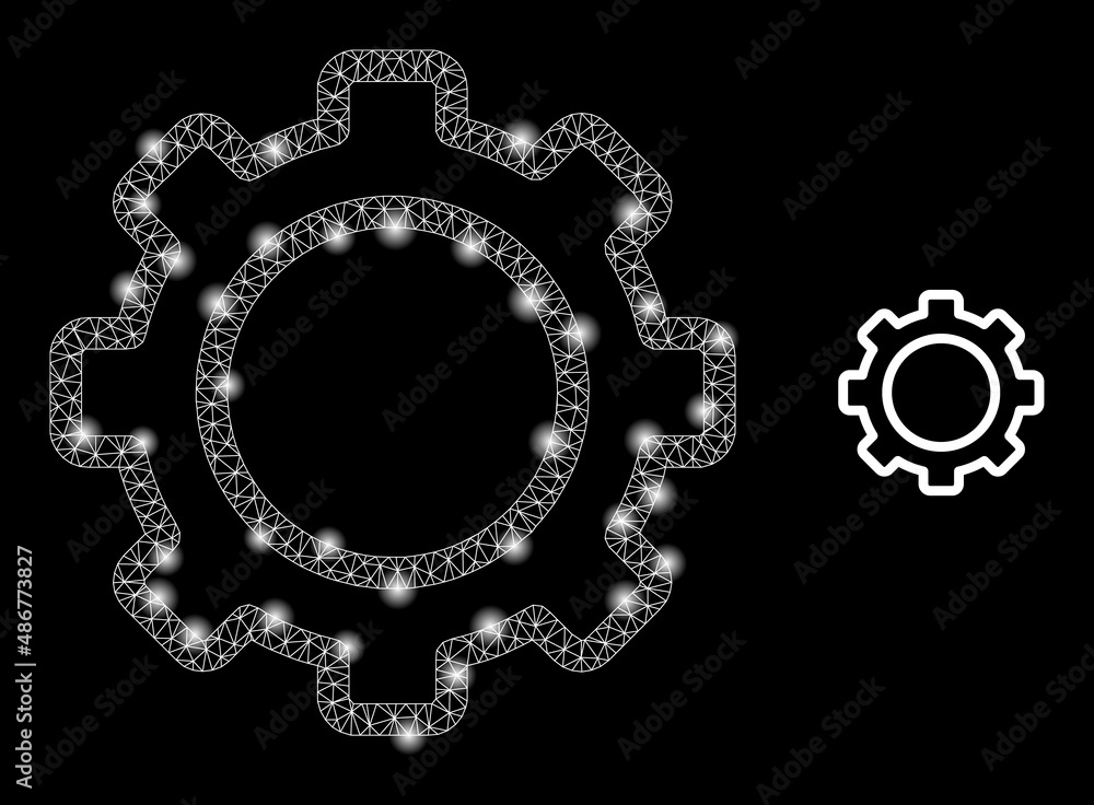 Poster contour gear icon and constellation mesh net contour gear model with illuminated spots. illuminated 