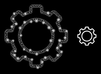 Contour gear icon and constellation mesh net contour gear model with illuminated spots. Illuminated model is done using contour gear vector icon and triangle mesh. Flare carcass contour gear,