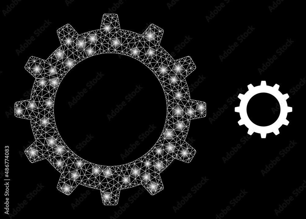 Poster cogwheel icon and glowing mesh cogwheel model with glowing light spots. illuminated model created us