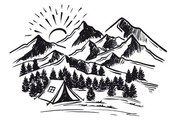 Sketch Camping in nature set, Mountain landscape, vector illustrations.	

