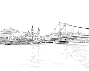 Fototapeta na wymiar The Bridge across the Danube River. Budapest. Hungary. Europe. Hand drawn vector illustration.