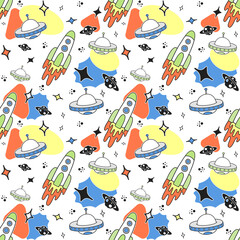 Vector seamless background with cartoon rockets, planets, stars and UFOs.