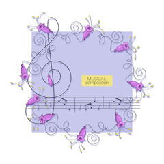 MUSIC. Square frame. Purple bells. Vector flowers border. Campanula bells on stem, musical notes. 