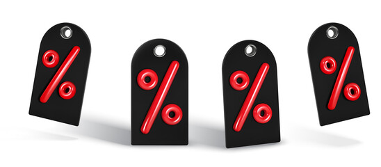 Discount label, black sale tag with red percent. Hang tag with cord. Promotional sale bagde, realistic black tag.