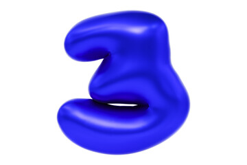 3D font number 3, funny cartoon symbol made of realistic blue helium balloon, Premium 3d illustration.
