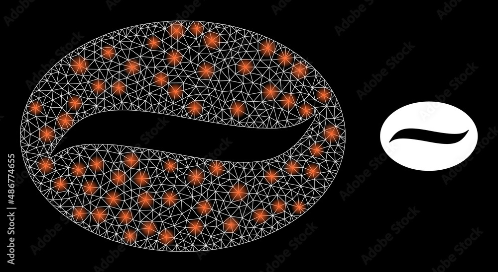 Poster coffee grain icon and constellation mesh net coffee grain model with majestic spots. illuminated mod