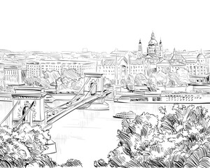 Fototapeta premium Chain Bridge. Budapest. Hungary. Europe. Hand drawn vector illustration.