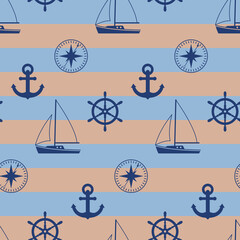 Seamless marine pattern. Sailboat, anchor, compass and steering wheel on a striped background. Color vector illustration flat style.