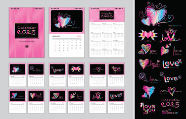 Calendar 2025 template for Holiday, Happy valentine's day concept, Desk calendar 2025 year, Wall calendar 2026 design, Planner, poster, printing, valentine's day element, hearts and love text vector