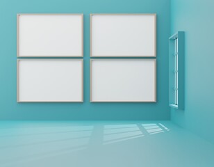 Interior empty room with empty four white picture frame on blue wall. Mock-up template for display, products, title or logo. Studio or blank office space. 3d render illustration