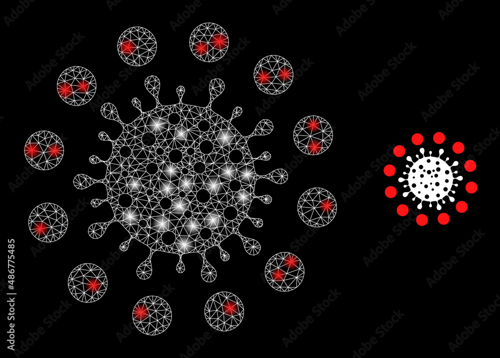 Poster coronavirus red zone icon and bright network coronavirus red zone model with sparkle light spots. il