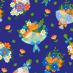 Seamless pattern with cute bouquets of flowers on a blue background. Spring children's decor of pink, yellow and blue flowers. Vector illustration in a flat style. Printing on textiles for children.