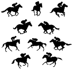 10 racing horses and jockeys silhouettes - vector