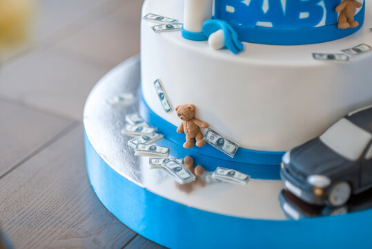 Cake For A Baby Shower. Beautiful Cake With Blue Decor Mastic For The Birthday Of A Little Boy. Blue Birthday Cake For 1 Anniversary With Gingerbread Cookies Boss. Candy Bar.