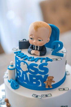 Beautiful Cake With Blue Decor Mastic For The Birthday Of A Little Boy. Blue Birthday Cake For 1 Anniversary With Gingerbread Cookies Boss. Candy Bar. Cake For A Baby Shower.