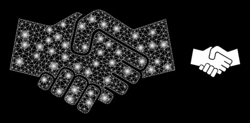 Handshake icon and constellation mesh net handshake model with majestic spots. Illuminated model is created from handshake vector icon and polygonal mesh. Illuminated carcass handshake,