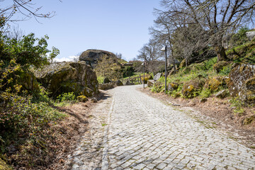 a cobbled road entering Castelo village (Telões), Vila Pouca De Aguiar, district of Vila Real,...