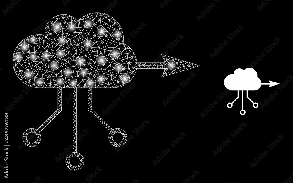 Poster vpn cloud icon and glare mesh vpn cloud model with glowing light spots. illuminated model is created