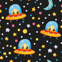 Seamless pattern with UFO space dish and alien on black sky background. Vector illustration in a minimalistic flat style, hand drawn. Cute print for textiles, print design, postcards.