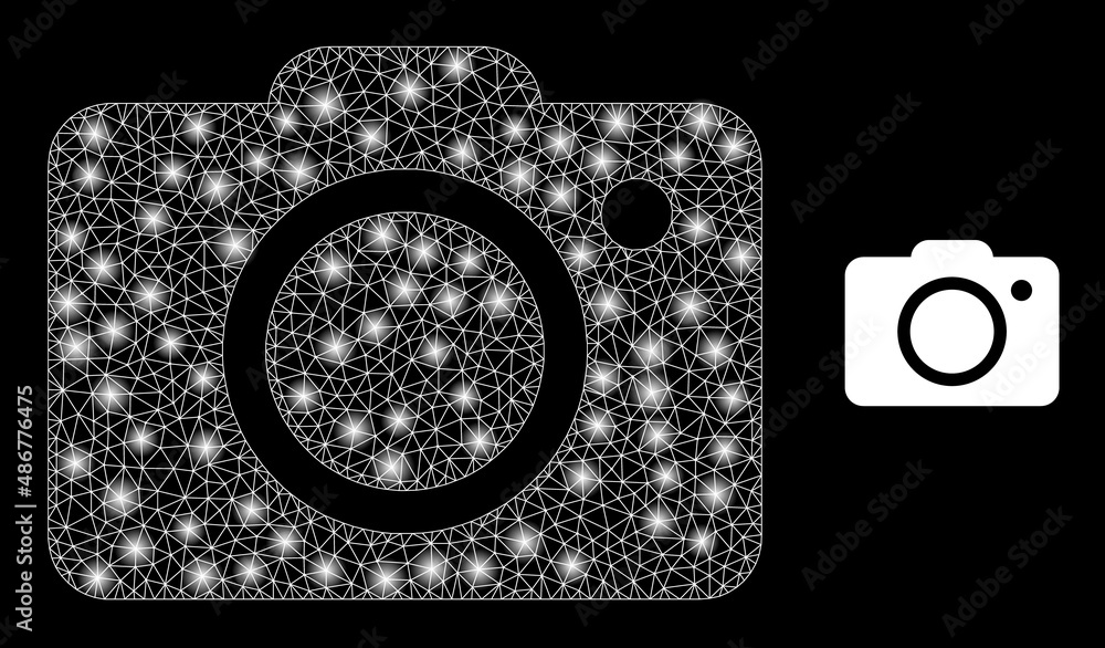 Poster photo camera icon and bright mesh net photo camera model with sparkle light spots. illuminated const