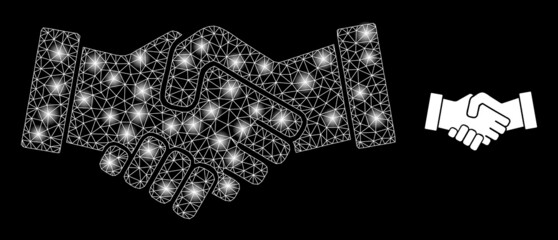 Handshake icon and bright mesh net handshake structure with bright spots. Illuminated model generated from handshake vector icon and triangulated mesh. Bright carcass handshake, on a black background.