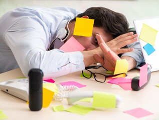 Young help desk operator working in office with many conflicting