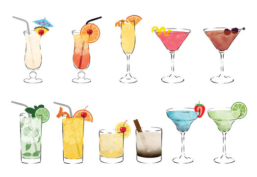 Alcoholic drinks cocktail set. Pina Colada, Tequila Sunrise, Cosmopolitan, Mimosa, Champagne, Screwdriver, Margarita, Mojito, Iced Tea, White Russian, Whisky Sour, Hand drawing. Vector illustration