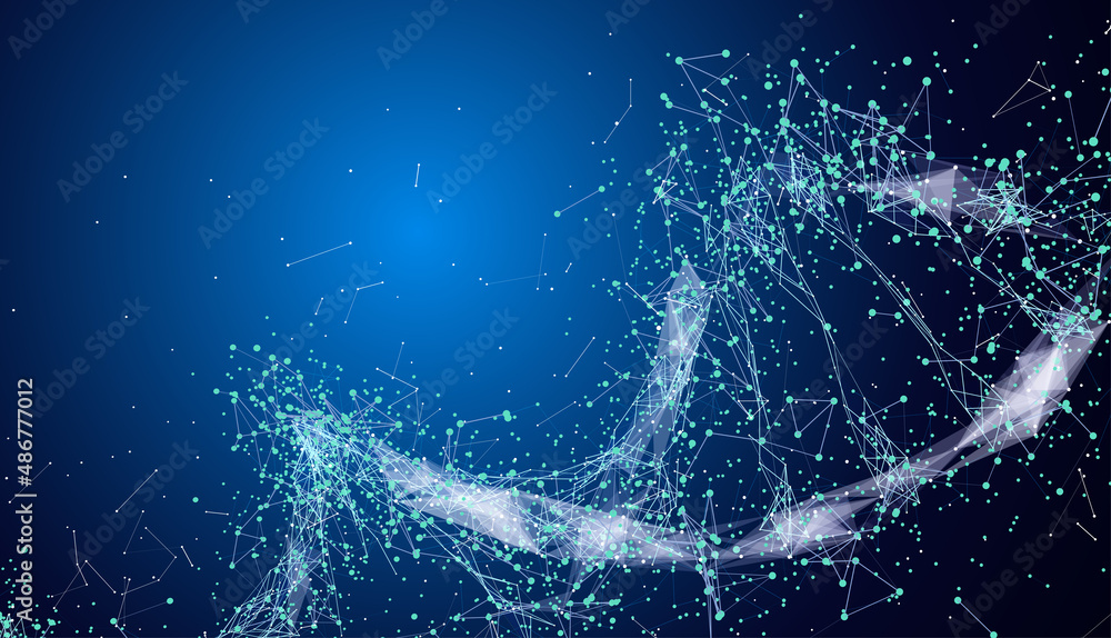 Fototapete blue dna with polygon line on black abstract background. connection structure. vector science backgr