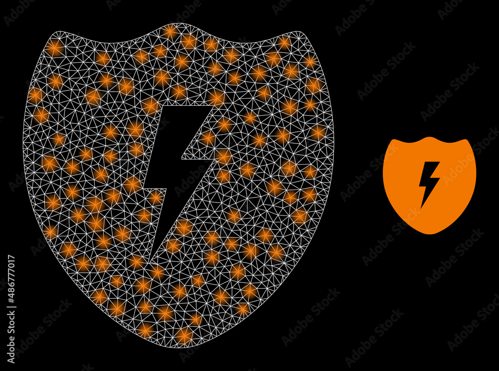 Poster electric shield icon and glare mesh electric shield model with illuminated light spots. illuminated 