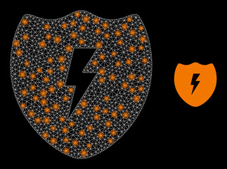 Electric shield icon and glare mesh electric shield model with illuminated light spots. Illuminated constellation generated from electric shield vector icon and polygonal mesh. © Tensor Designs