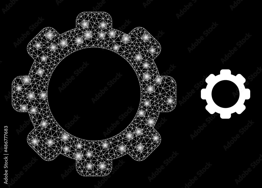 Poster gearwheel icon and glare net mesh gearwheel model with sparkle spots. illuminated model is done from