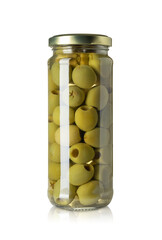 Glass jar with green olives preserved. Canning supply food. Isolated on white background. Copy space.