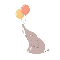 cute baby elephant with air balloons, vector illustration, holiday clipart with cartoon character good for card and print design