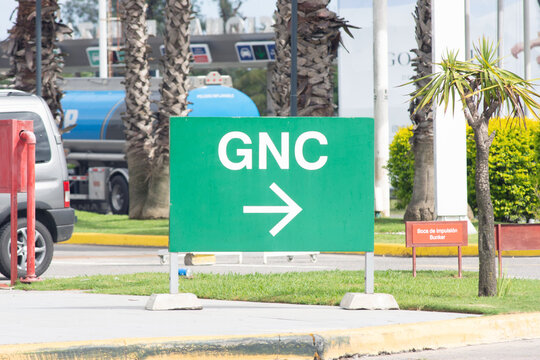 Traffic sign indicating a GNC gas station