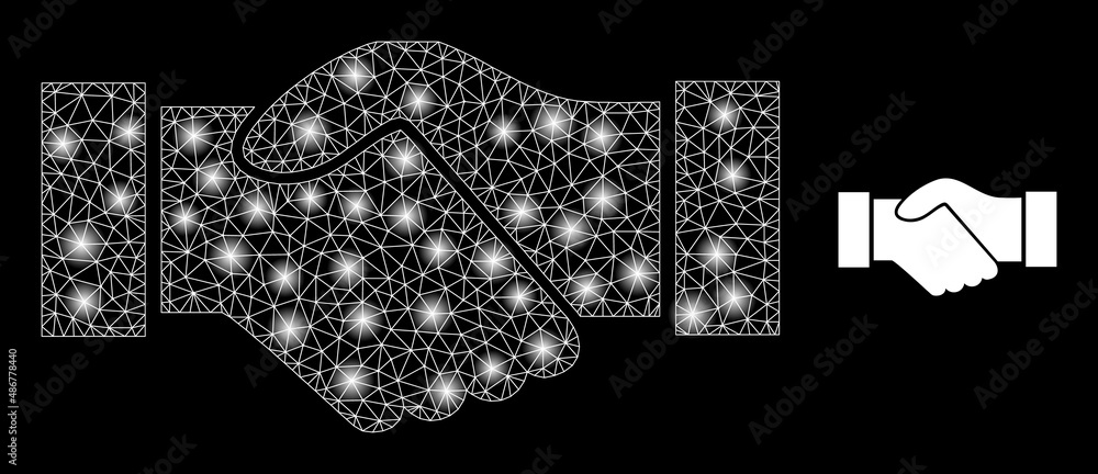 Poster deal handshake icon and bright net deal handshake model with bright spots. illuminated constellation