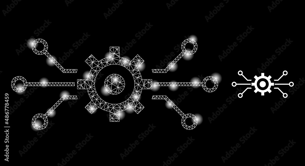 Poster electronic machinery icon and bright net mesh electronic machinery model with illuminated light spot
