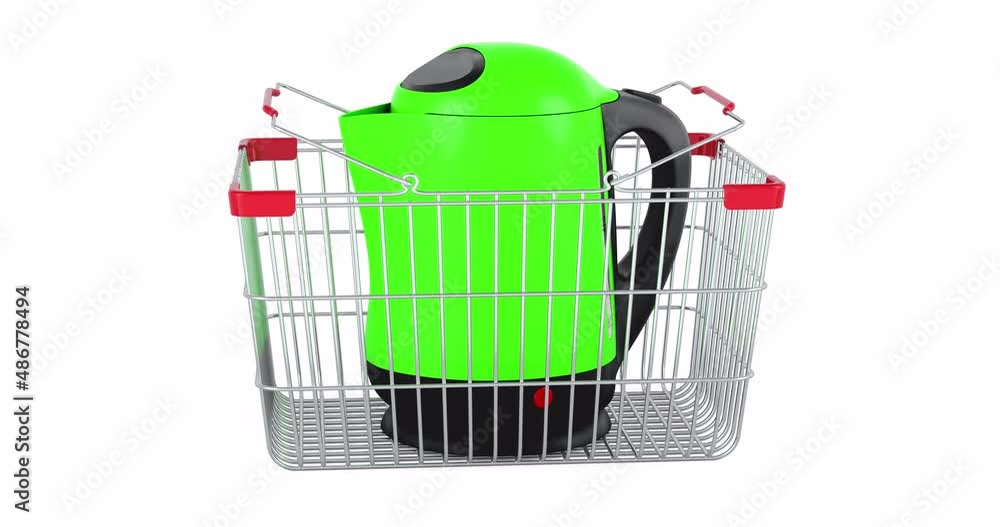 Poster electric kettle adding to shopping basket, 3d animation. 3d rendering