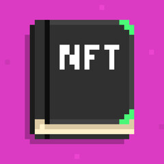 NFT concept. Digital token book. Pixel art. Retro, low resolution icon.