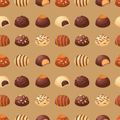 Seamless pattern with chocolate candies on a beige background. Vector illustration in a minimalistic flat style, sweets. Textile printing, print design, postcards.