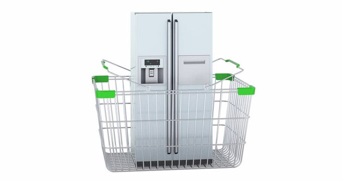 Double door fridge, refrigerator with side-by-side door system adding to shopping basket, 3d animation. 3D rendering
