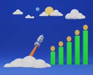 3d render illustration Business intelligence and financial analytics theme Cryptocurrency rate and growth chart with gold coins on a blue background. Cute design concept with rocket.