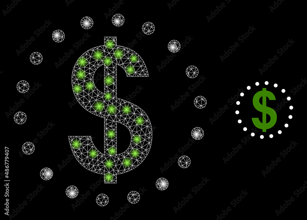 Poster dollar zone icon and bright net mesh dollar zone model with bright light spots. illuminated model is