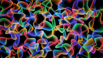 Abstract multicolored background of overlapping transparent amorphous figures with neon illumination. Vector illustration.