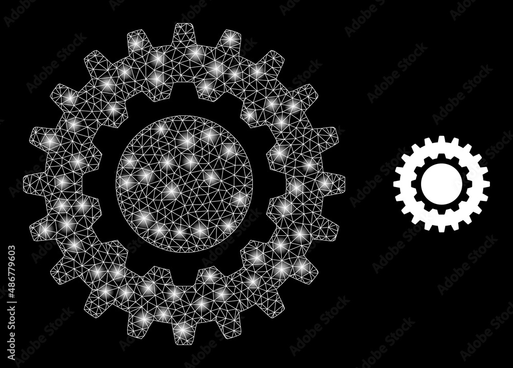 Poster cogwheel icon and constellation mesh cogwheel model with flare spots. illuminated model is done from