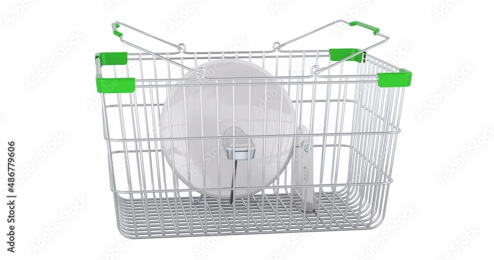 Poster satellite dish adding to shopping basket, 3d animation. 3d rendering isolated on white background