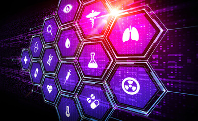 Healthcare Technology and Healthcare Science Concept - Innovation in Health and Life Sciences - Illustration with Medical Icons on Abstract Tech Background