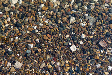 River motley pebbles under a layer of water.